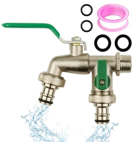 Double Garden Tap, 1/2 Inch Zinc Alloy Water Tap, Rust and Antifreeze 2 Way Splitter Water Faucets, Household Outside Tap, Hose Tap with Double Connectors, for Garden Washing Machine Rain Barrel