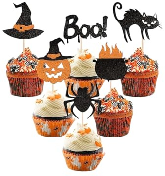 CULEB 12 Stück Halloween Cupcake Topper,Kürbis Spinne Hexenhut Halloween-Zahnstocher-Flagge, für Halloween Party Kuchen Essen Käseplatte Vorspeisen Dekor