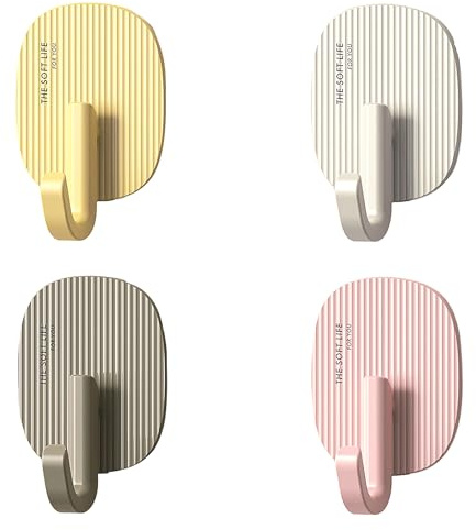 Hasmuta Ultra-Starke Klebehaken 10kg Selbstklebend & Bohrfrei Nahtloses Design für Bad, Küche, Flur, Schrank (4er Set, Gelb/Rosa/Grau/Beige) Ästhetisch & Hochfest