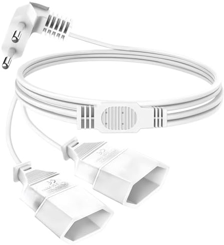 Verlängerungskabel Flachstecker 2M, 2 in 1 Eurostecker Verlängerung, 90° Verlängerungs, Euro Flaches Stromkabel Verlängerung- 250V/2,5A, EU Flachstecker Verteiler für TV PC Computer Monitor, Weiß