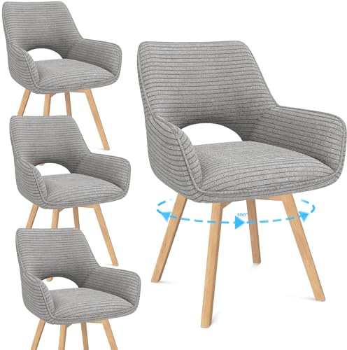 WAFTING Esszimmerstühle 4er Set Drehbar 360°,Armlehnstuhl,Küchenstuhl,Grau | Holzbeine,Buche,Cord Stoff,Küchenstuhl,Wohnzimmerstuhl,Polsterstuhl mit Samt,Restaurant,Schlafzimmer,Esszimmer,Konferenzraum
