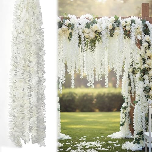 10 Pieces White Wisteria Artificial Flowers Garland, 1M Hanging Flowers for Home Decor, Fake Vines Floral Wall Panel, White Flower Garland for Wedding and Event Decoration