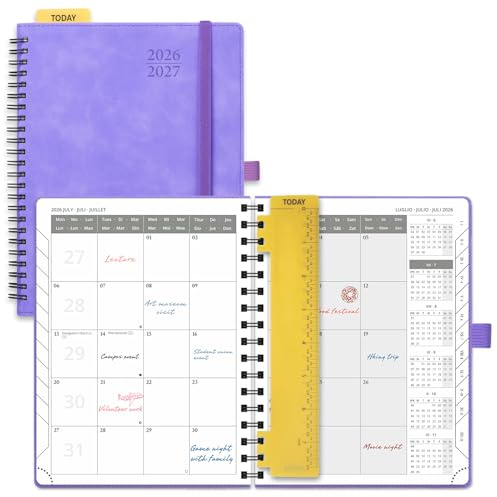 POPRUN Agenda Månadskalender 2026 2027, Juli'26 - Dec'27, 18 Månader 22 x 16,5 cm, 2 Sidor per Månad, Skolkalender, Mjuk Spiralbindning, Linjal, Papper 100 gsm,Lilas