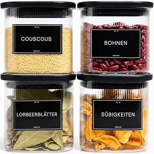 Greeano Riffel Vorratsgläser eckig mit Glasdeckel 600ml [4er Set] | luftdicht & mottensicher | Vorratsdosen Glas | Aufbewahrungsgläser Küche für Lebensmittel, Nudeln, Mehl, Müsli, Kaffee