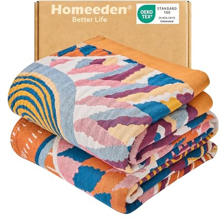 Homeeden 100% Natural Premium Cotton Sofa Throw Blanket -150x200cm, Breathable Cozy Large Soft Bed Throw Blanket, Bohemian Colorful Throw for Armchair Seater Sofas Settees