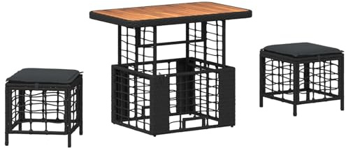 Qnhdfrt Garten Essgruppe 3-TLG., Balkonmöbel Set mit höhenverstellbarem Tisch, Poly-Rattan und Akazienholz, Bistroset für Garten Terrasse, 2 Hocker mit Sitzkissen, Schwarz Grau