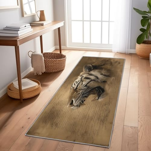 Generisch Waschbarer Flur Teppich Läufer Kurzflor, Vintage Majestätisch Tier Tiger Wohnzimmer Teppich Weich Teppiche für Bettvorleger Matte/Deko/Schlafzimmer/Kinderzimmer, 60 x 120 cm, Braunes