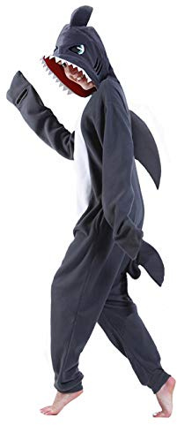 dressfan Unisex Disfraces Tiburón Pijama Adulto Animal Shark Monos Traje Ropa de Dormir,Cosplay Disfraces de Carnaval Halloween para Mujer Hombre,Gris,S