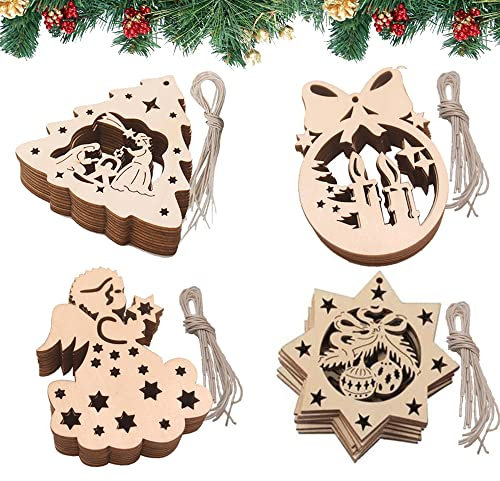 Albero di Natale Ciondolo in Legno - 40 Pcs Pendenti Natalizi per Decorazioni Natalizie, Appese Decorazioni e Artigianato