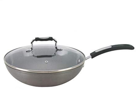 Non Stick Wok with Glass Lid Aluminium Large Flat Base Professional Heavy Duty Gauge Large Deep Stir Fry Pan Chinese Cooking Wok Flat Bottom Tempered Glass Lid Soft Touch Handle, Grey (28cm/3.44L)