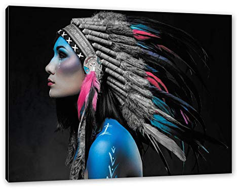 Pixxprint Frau mit Buntem indianischen Kopfschmuck B&W Detail, Größe: 100x70cm, Leinwandbild, fertig gespannt, Wandbild, Dekoration, Kunstdruck, kein Poster