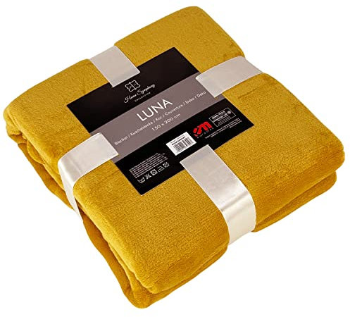 Euromat Couverture Microfibre Flanelle – Plaid Uni Doux et Confortable pour Canapé ou Lit (150x200 cm) (Jaune Moutarde)