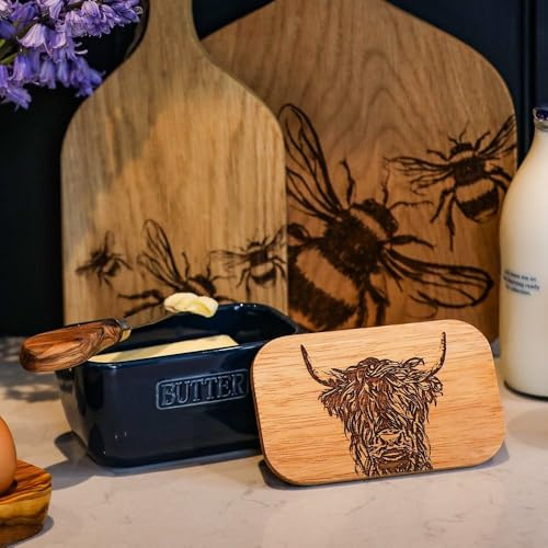 The Just Slate Company Beurrier en chêne et céramique Motif vache Highland Bleu JS/SO/BD/B/HC