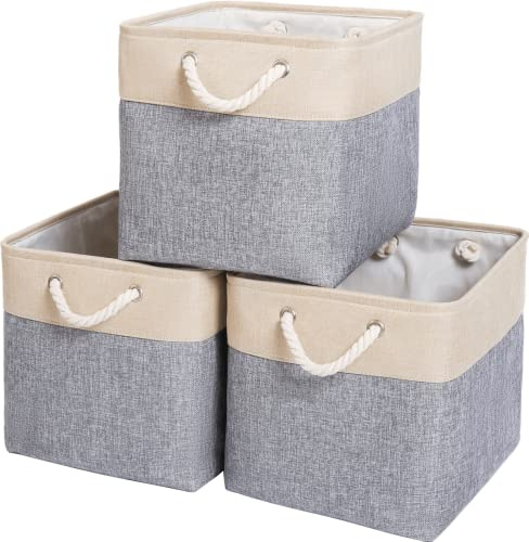 Mangata Boîtes de Rangement en Tissu, 33 x 38 x 33 cm Grandes Paniers de Rangement Pour Vêtements/étagère (Grigio/beige, 3 Pack)
