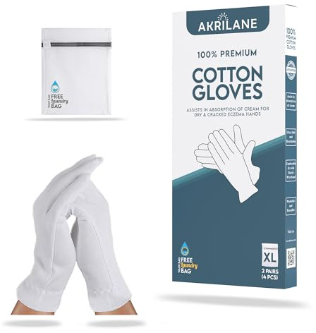 XL Extra Large 2 Pairs 100% Premium Cotton Gloves for Dry Hands | Moisturizing Overnight Gloves for Eczema, Psoriasis & Skin Spa Treatment for Women & Men | Washable & Reusable with Free Laundry Bag