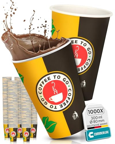 Commerline 1000 Stück 12oz Ø80mm 300ml Kaffeebecher to go | Pappbecher Cups Coffee to Go Becher | Kaffee to+go Papierbecher Hartpapier Einwegbecher | Einweg Becher für Kafee/Tee
