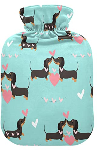 Dackel Hunde in Love and Hearts Blaue Wärmflasche mit Bezug Weich Warm für Winterbett Hand Hals und Schultern 1L