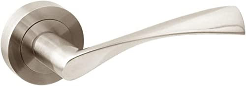 Juego de manivela para puertas de interior, juego de maneta o manilla para puerta de paso con roseta 50 mm, Níquel satinado. Modelo Ola