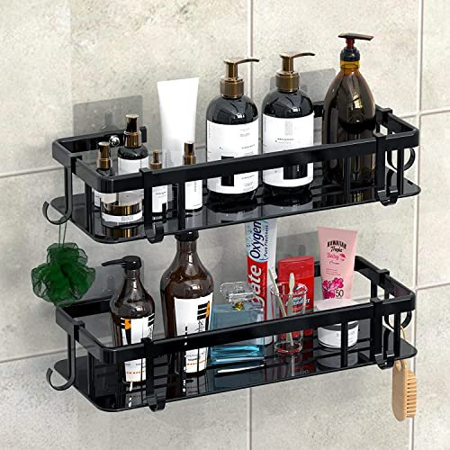 Duschablage Ohne Bohren 2 Stück Duschregal Aluminium Rostfrei Duschkorb mit 6 Klebeflächen und 4 Haken Badezimmer Duschablage Selbstklebendes Oder Bohren für Bäder Küchen Duschgel Schwarz