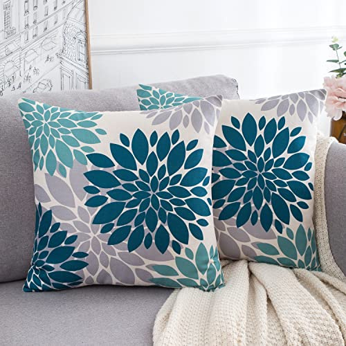 HomeStilez Kissenbezug 45x45 Blau Grün und Grau 2er Set Sofakissen Geometrische Blume Leinen Quadrat Weiches Kissenbezüge Abstraktes Sommer Kissenhüllen für Wohnzimmer Garten Kissen
