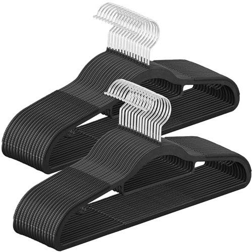 SONGMICS Coat Hangers, Pack of 30, Heavy Duty Plastic Hangers, Non-Slip, Space-Saving Clothes Hangers, 0.5 cm Slim, 42 cm Wide, 360° Swivel Silver Hook, Black CRP020B03
