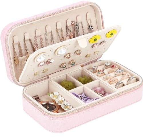 Casiwaft Boîte à Bijoux de Voyage en Velours, Petit Coffret à Bijoux pour Filles Femmes avec fermetures à glissière, Organisateur de Bijoux pour bagues, boucles d'oreilles, colliers, Rose