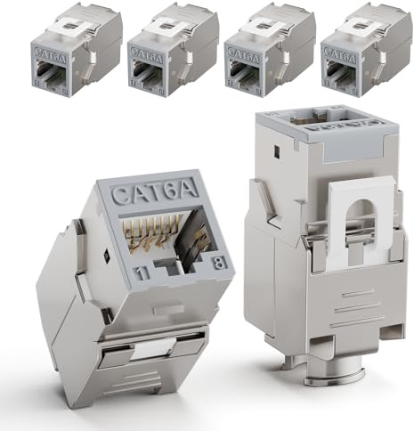 LEENUE 6 Pack RJ45 Keystone Jack Cat6A 10 Gbps/500MHz, Gold-pated Keystone Modul for CAT6A CAT6 Network Cable PoE, RJ45 Connector, Ethernet Patch Network Cable, Ethernet Socket and Patch Panel, Grey