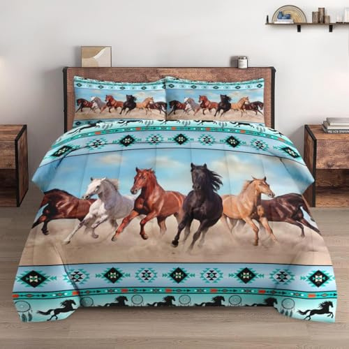 WeCozy Full Size Comforter Set with 2 Pillowcases, Horses Desert Animal 3 Pcs Bedding for Kids and Adults, Tribal Farm Sunset Run Soft Comforter Set for Bedroom Bed Decor