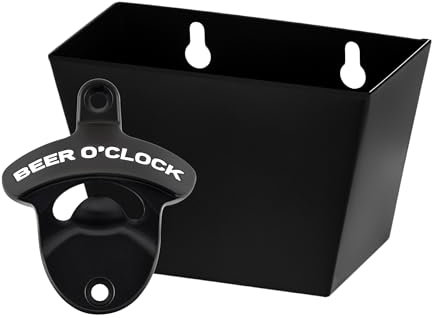 HAIICEN Stainless Wall Mounted Beer Bottle Opener and Cap Catcher Black with White, BEER O'CLOCK Soda Bottle Cap Opener Table Mounted for Bar Wood Board Cooler