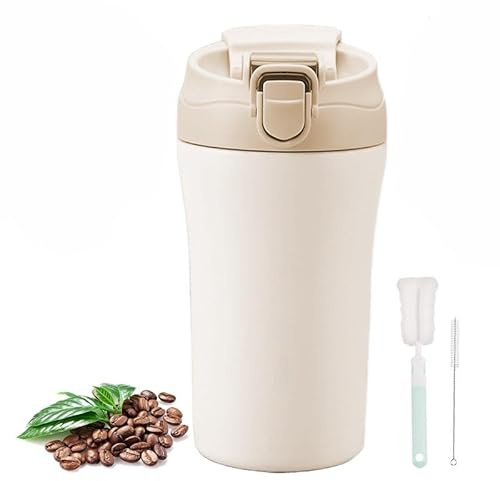 XIXIAMI Travel Mug 400ml Insulated Coffee Cup for Hot and Cold Drinks Car Mug with Straws, Cleaning Brush Leakproof Thermal Stainless Steel Tumbler Birthday Gift for Boys Girls-Cream White