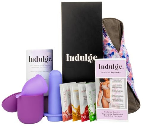 Indulge 5 PCS Reusable Menstrual Cup Set – Silicone Period Cup, Applicator, Microwave Steriliser, Water-Based Lube & Reusable Pad–Eco Alternative to Tampons & Sanitary Towels, Small, Pack of 2, Purple