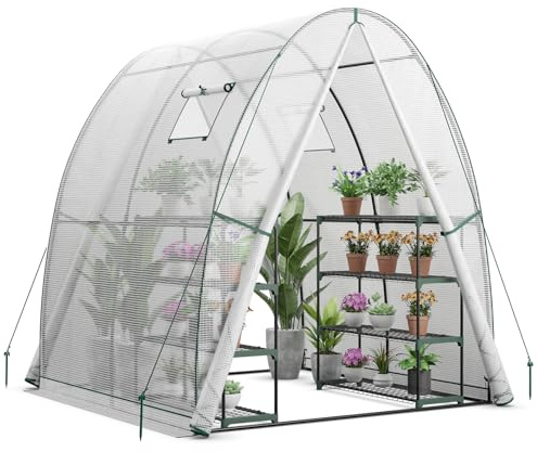 GOPLUS Serre de Jardin avec Cadre en Métal Robuste, Serre Tunnel, avec 2 Portes et 2 Fenêtres Enroulables, Housse PE, Pochettes Latérales, pour Légumes, Fruits, Fleurs, 181 x 181 x 200 CM (Blanc)