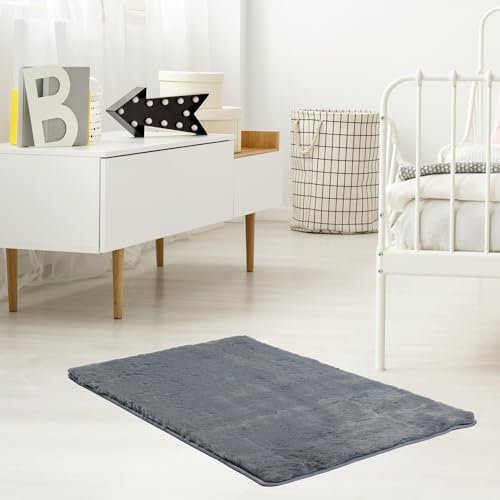e-floor Weich Teppich Rabbit Madera | Farbe: Dunkelgrau | Grösse: 60x100cm | Hochflor Teppich | Flauschig | rutschfest | Fellteppich | Shaggy | Modern für Wohnzimmer, Schlafzimmer | Kunstfell