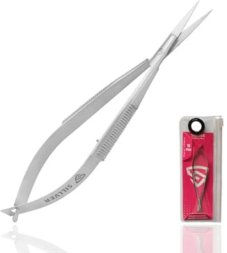SILLVER Cuticle Nail Scissors Extra Fine Straight Eyebrow Scissors, Spring Action Embroidery Sewing Grooming Scissors for Beard, Eyelash, Mustache, Dry Skin, Manicure Scissors