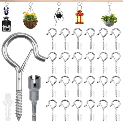 25PCS Screw Hooks for Outdoor String Lights,Screw-in Hooks Ceiling Hook for Hanging Plants,Q-Hanger Hook Cup Hookss with 1 Wing Nut Driver Garden Hookss for Outdoor Lights Birdcage Christmas Decor