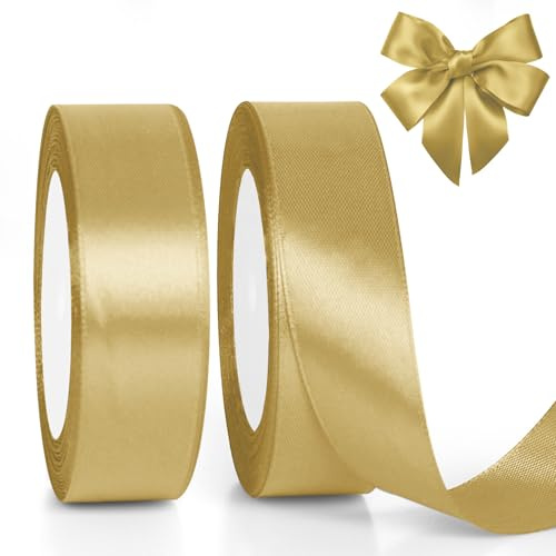 GXFCING Nastro di Dorato Largo 25mm, 46Metri Nastro di Raso per Confezioni Regalo, Cucito, Artigianato, Decorazione per Matrimoni, Battesimi, Natale e Feste (23 M/Rotolo)