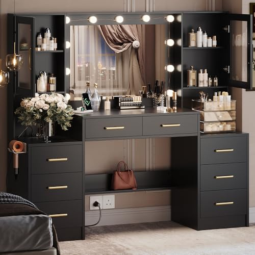 TOKSOM Black Vanity Desk with Mirror, Lights & Charging Station, 58.3 3 Lighting Modes Makeup Desk with 8 Drawers, 2 Cabinets and Lots Storage, Dressing Table Vanity Set with Lighted Mirror