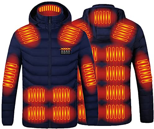 Heated Jackets for Men USB Electric Body Warmer Heated Down Jacket Outdoor Hooded Heating Coat with 21 Heated Zones 3 Levels Electric Coat Heated Clothing Winter Down Coats for Motorcycle Skiing