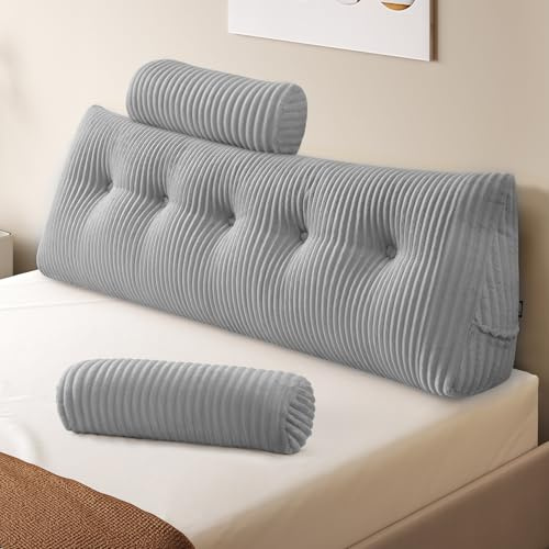 Z-hom Bücherkissen, Keilkissen, Lesekissen Für Bett Und Sofa, Cozy Rückenkissen, Praktisches Seitenfach, Removable Cover, Mit Rundem Kopfkissen (Hellgrau, 150 * 50 * 20cm)