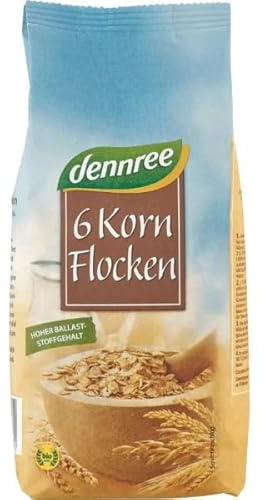 dennree Bio 6-Korn-Flocken 1er Pack (1 x 0,5 Kg) Hoher Balaststoffgehalt und reiner Genuss mit Hafer, Gerste, Weizen, Roggen, Dinkel und Reis