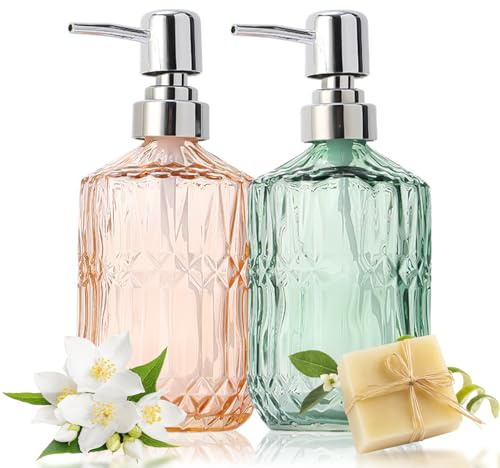 YILANJIN 2PCS Refillable Glass Soap Dispenser with Pump, Liquid Soap Dispenser Bottles, Reusable Pump Bottles for Hand Soap, Dish Soap, Bathroom, Kitchen, Countertop, Laundry Room