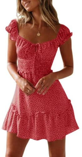 Imily Bela Damen Sommerkleid Rüschen Strandkleid Elegant Minikleid | A-Linie,Freizeitkleid,Dress,High Waist Kleid,Kordelzug