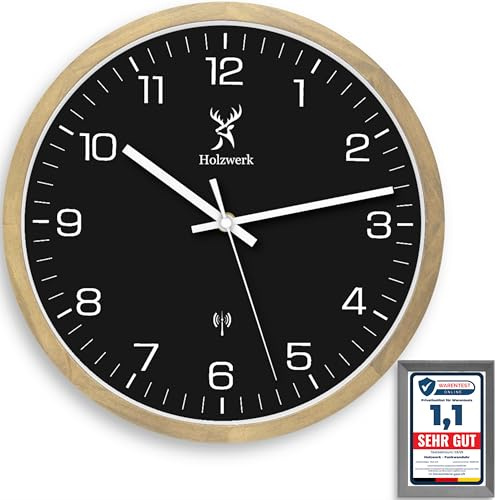 Holzwerk OFFENBURG Funk Natur Holz Funkwanduhr Wanduhr Holz-Uhr Vintage Funkuhr lautloses Uhrwerk ohne Tickgeräusche Buche Braun Schwarz Weiß lautlos aus handgefertigtem Massivholz 30 cm