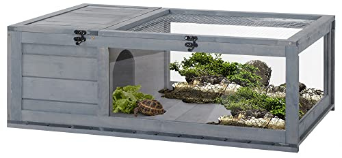 PawHut Casa para Tortugas de Madera, Terrario para Reptiles con Techo de Malla, Paneles Laterales Transparentes Extraíbles y Pestillo de Seguridad, Caseta para Tortugas, 91x60,5x32 cm, Gris