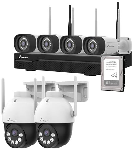 NIVIAN, Kit Caméras de Surveillance WiFi 2K Professionnel avec 6 Caméras IP PTZ, NVR 10 Canaux, Images Super HD, Détection Humaine IA, Vision Nocturne, Audio, HDMI, App EseeCloud, Enregistrement HDD