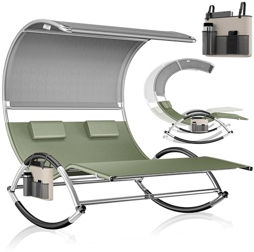 KESSER® Tumbona doble con toldo, funda de almohada para 2 personas, tumbona de jardín, columpio, superficie ergonómica, carga de 240 kg, bolsillo lateral, color gris caqui