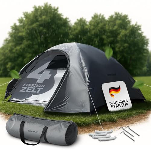 MONTARAY Tente 4 personnes à double paroi - Tente étanche avec moustiquaire, moustiquaire et sac de transport - Coupe-vent, respirante, compacte et facile à monter - Idéale pour les festivals et