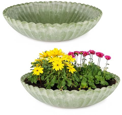 matches21 HOME & HOBBY Gewellte Pflanzschalen für draussen in 35 x 9 cm grün marmoriert als wetterfeste Blumen-Schalen