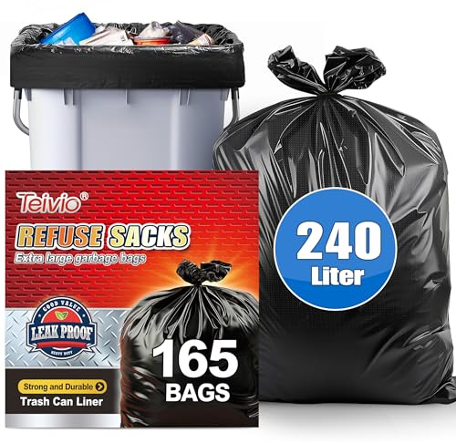 Teivio 240 L Large Black Wheelie Bin Liners 165 Counts, Heavy Duty Refuse Sacks, Strong Rubbish Bags Extra Large Lawn and Leaf Bags fit Outdoor Commercial Trash Can for Office, Workshops, Backyard