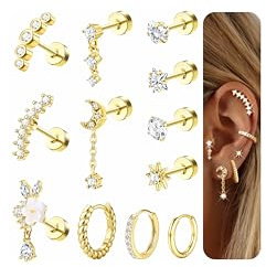 Morfetto 12Pcs 16G Helix Piercings Chirurgenstahl Ohrringe Gold,Hypoallergene Flatback Ohrstecker Set Medizinische Ohrringe für Tragus Daith Conch Rook Knorpel Piercing Ohr Schmuck für Damen